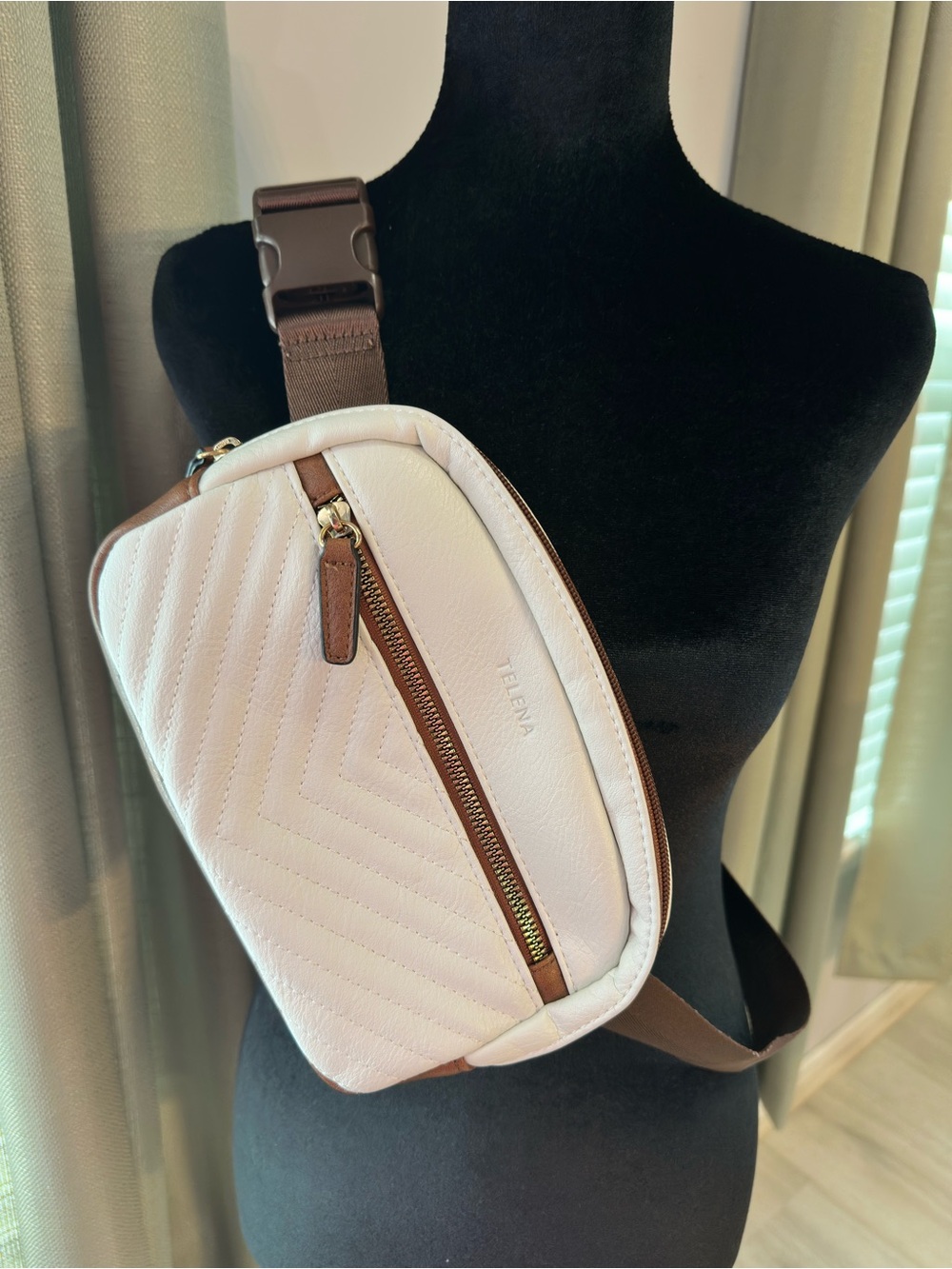 TELENA Cream Brown Quilted Belt Bag Crossbody Sling Fanny Pack